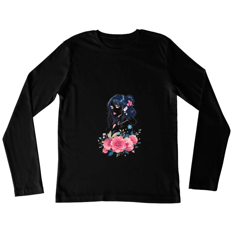 Elegant Anime Portrait with Pink Floral Arrangement Female Long Sleeve T-Shirt