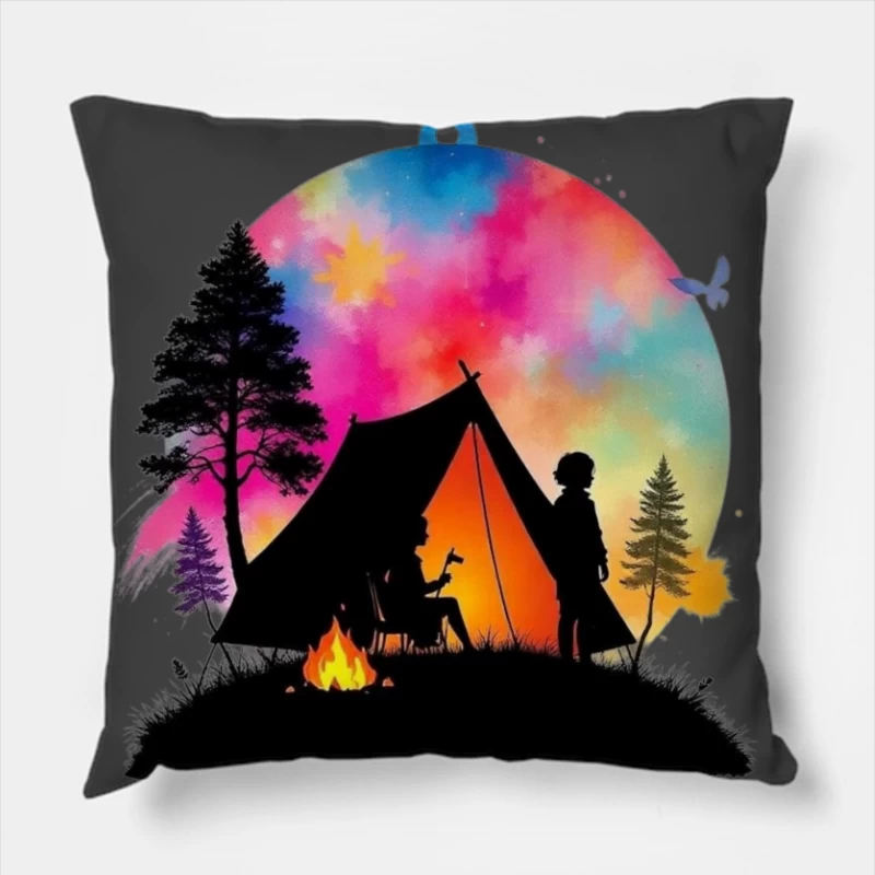 Magical Camping Night Under Colorful Aurora Sky Throw Pillow