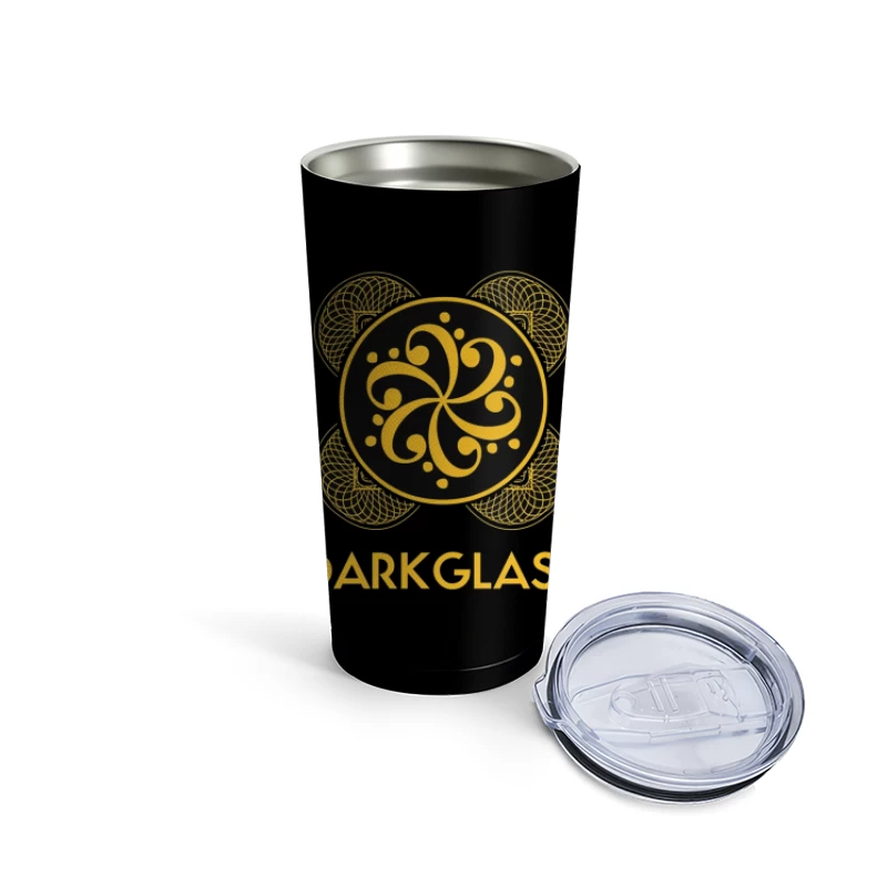 Black and Gold Ornamental Spiral Logo with Darkglass Text Travel Mug