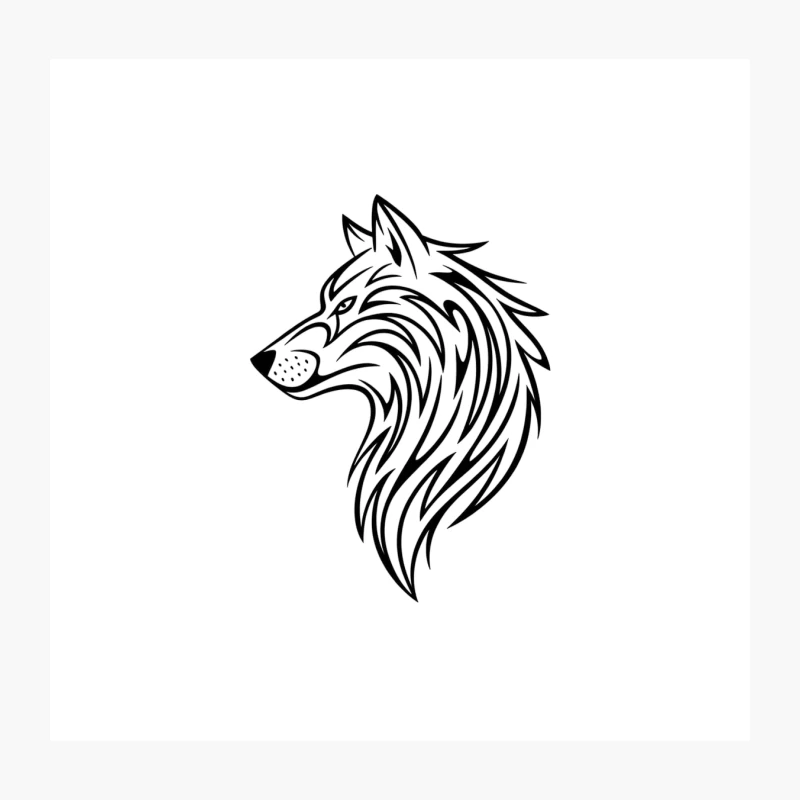 Stylized Tribal Wolf Head Illustration in Black and White Throw Pillow