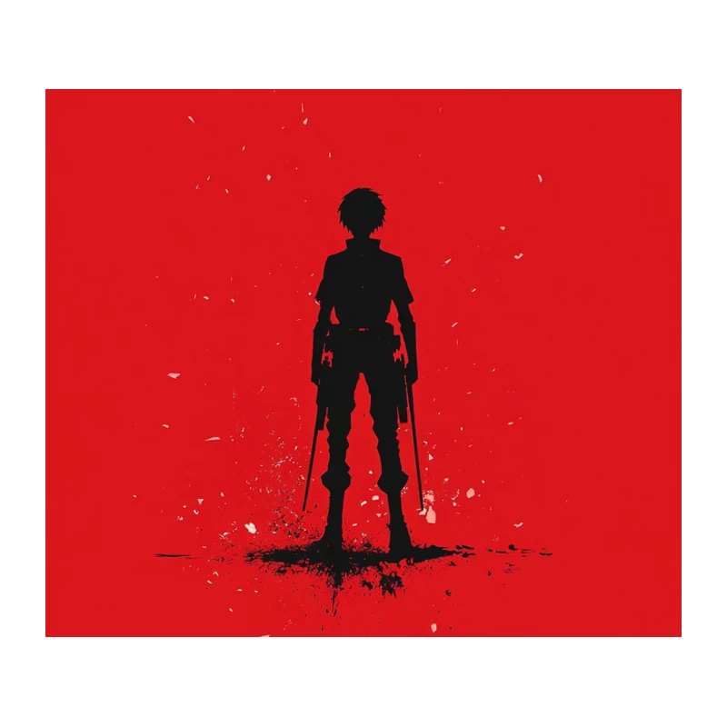 Ominous Silhouette: Lone Armed Figure on Red Tapestry