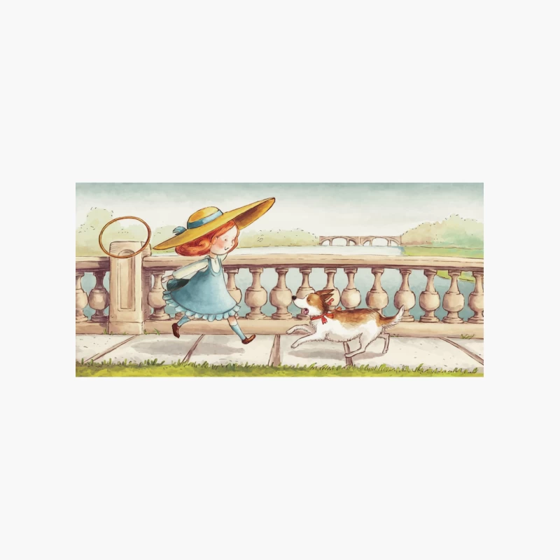 Whimsical Stroll: Girl and Dog's Riverside Adventure Cotton Tote Bag