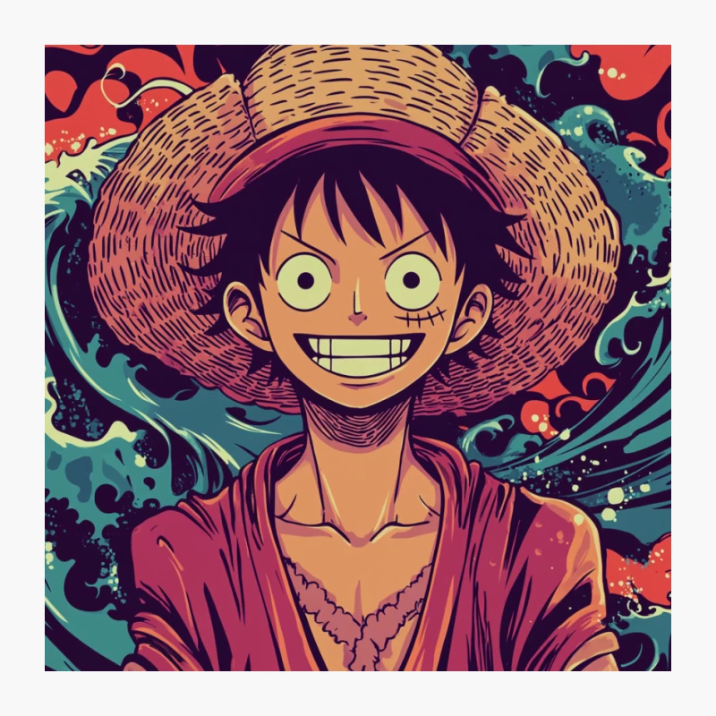 Vibrant Anime Character with Straw Hat and Wide Grin Pin