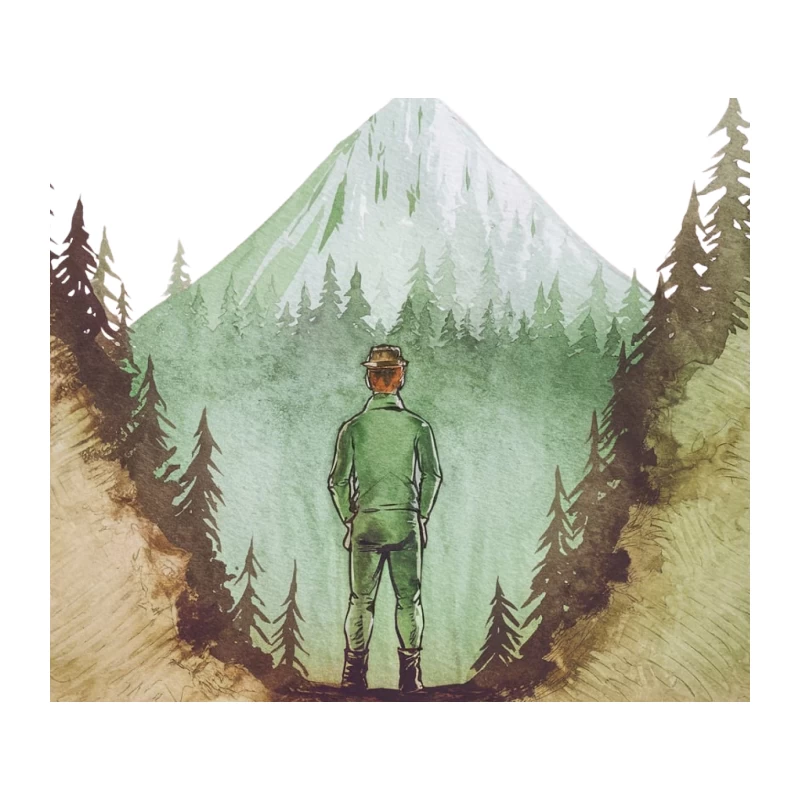 Solitary Hiker Admiring Mountain Landscape in Watercolor Tapestry