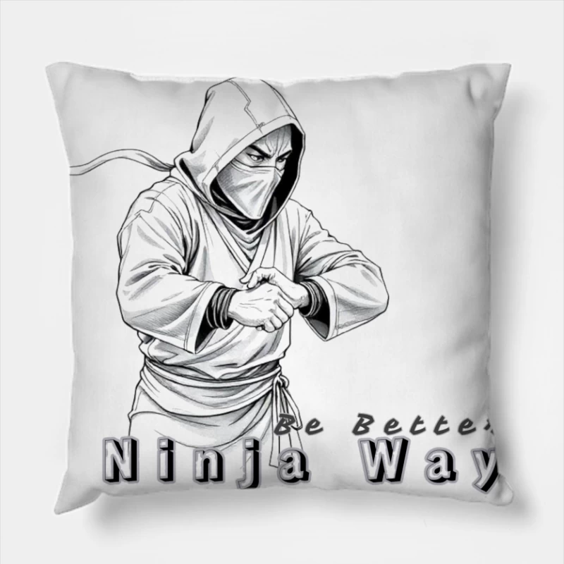 Masked Ninja Warrior in White Hood - The Ninja Way Throw Pillow