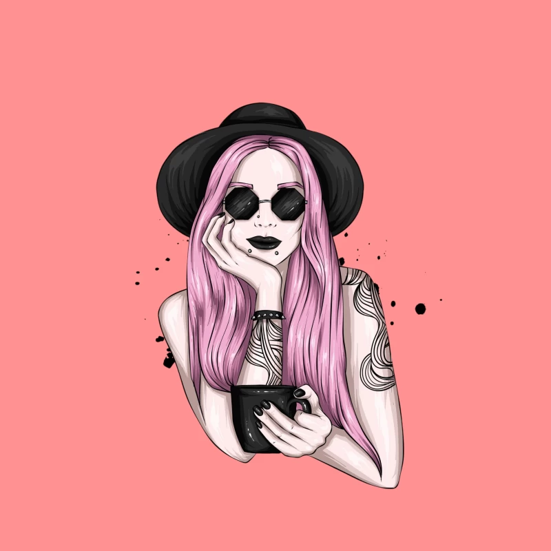 Stylish Woman with Pink Hair and Sunglasses Throw Pillow