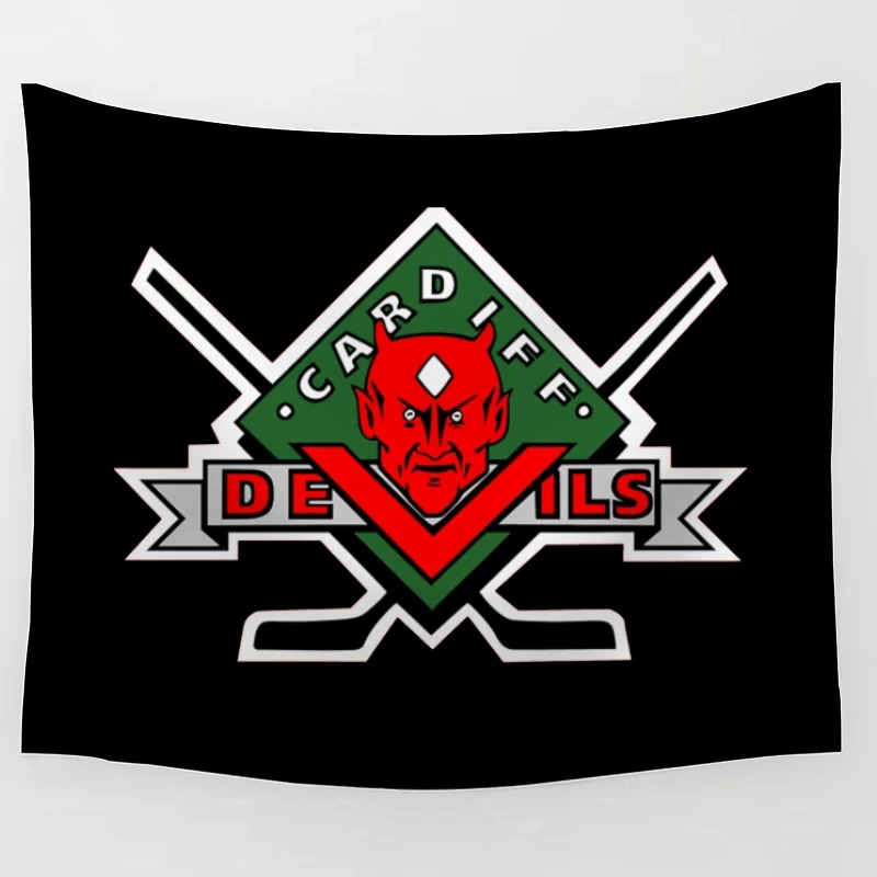 Cardiff Devils Hockey Team Logo with Red Devil Mascot Tapestry