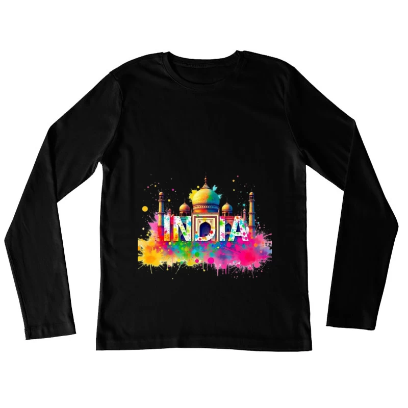 Vibrant Watercolor India Typography with Taj Mahal Silhouette Female Long Sleeve T-Shirt