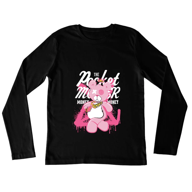 Playful Pink Bear with Graffiti Style and Crown Female Long Sleeve T-Shirt