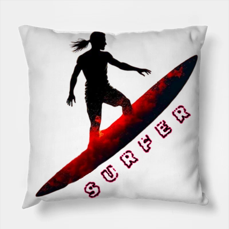 Dynamic Surfer Silhouette with Red Wave Effect Throw Pillow