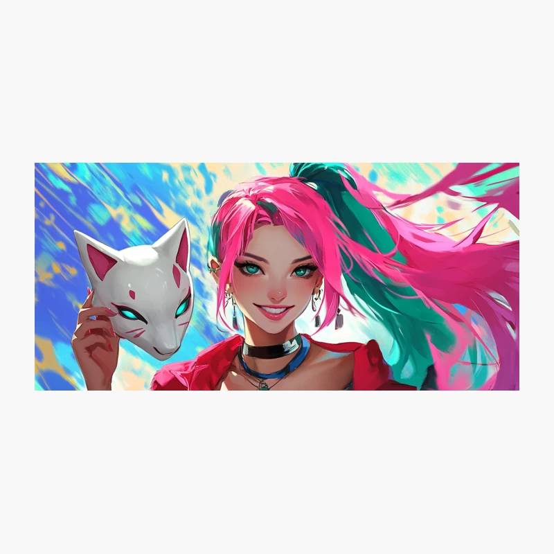 Vibrant Anime Girl with Cat Mask and Colorful Hair Coffee Mug