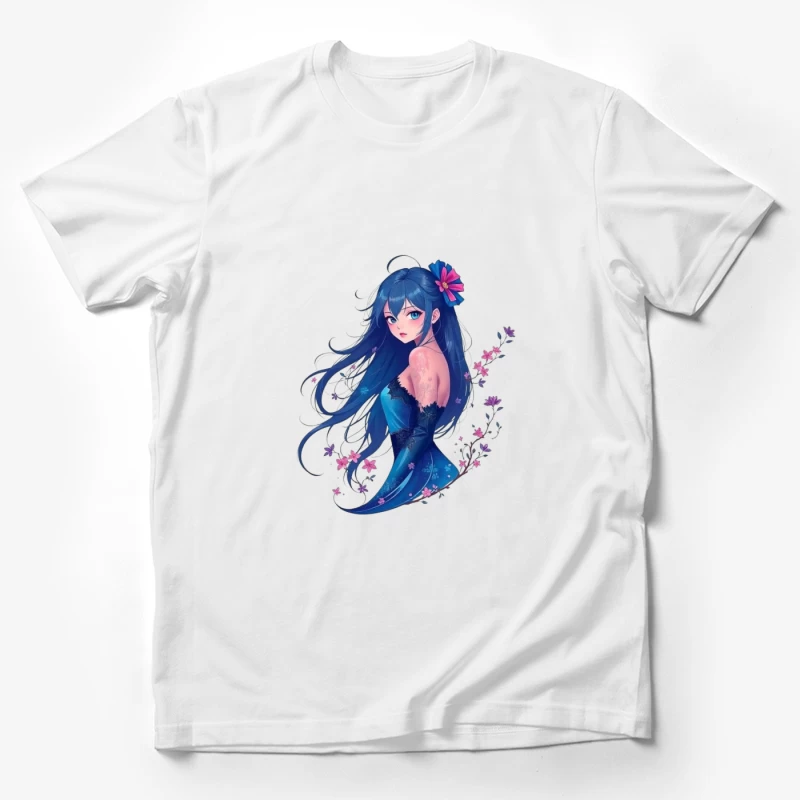 Elegant Anime Girl with Blue Hair and Floral Accents in Evening Dress Male T-Shirt