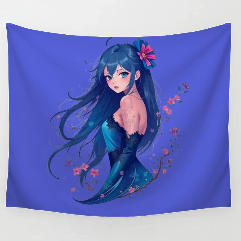 Elegant Anime Girl with Blue Hair and Floral Accents in Evening Dress Tapestry