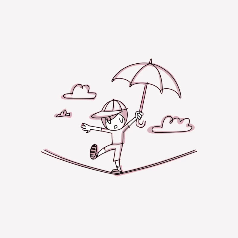 Whimsical Tightrope Balancing Act: Cartoon Character with Umbrella Female T-Shirt