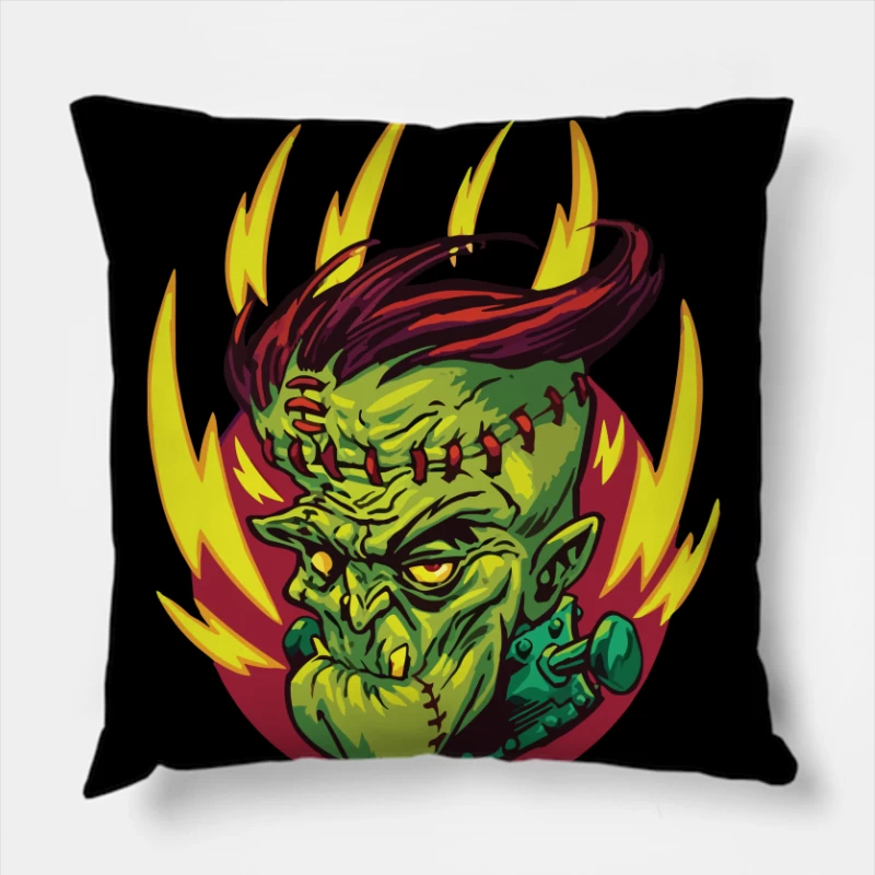 Colorful Cartoon Frankenstein Monster Illustration Throw Pillow