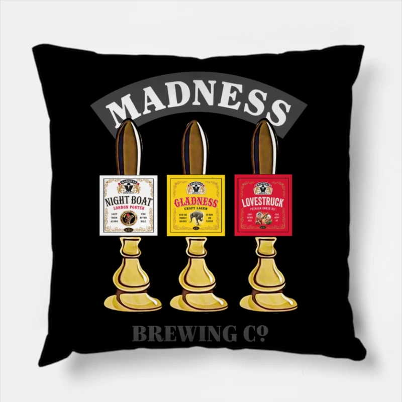 Madness Brewing Company Beer Tap Handles with Classic Labels Throw Pillow