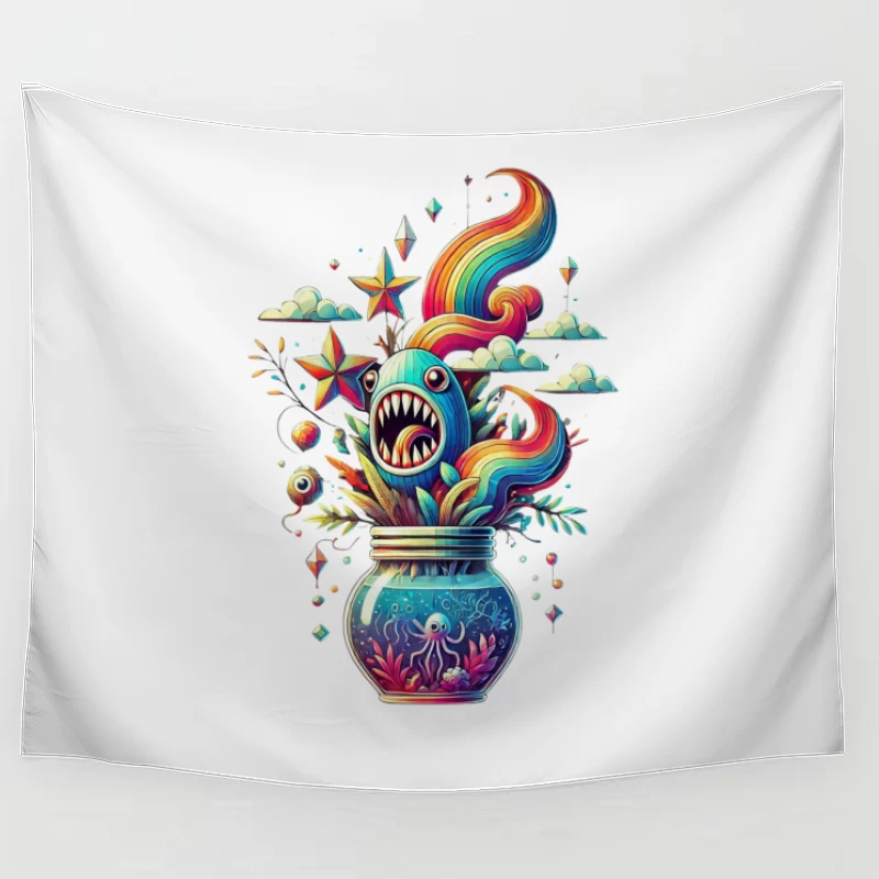 Whimsical Rainbow Sea Monster in a Magical Glass Jar Tapestry