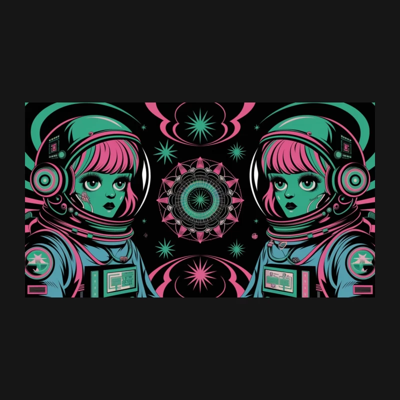 Psychedelic Retro Space Twins: A Symmetrical Cosmic Illustration Desk Mat