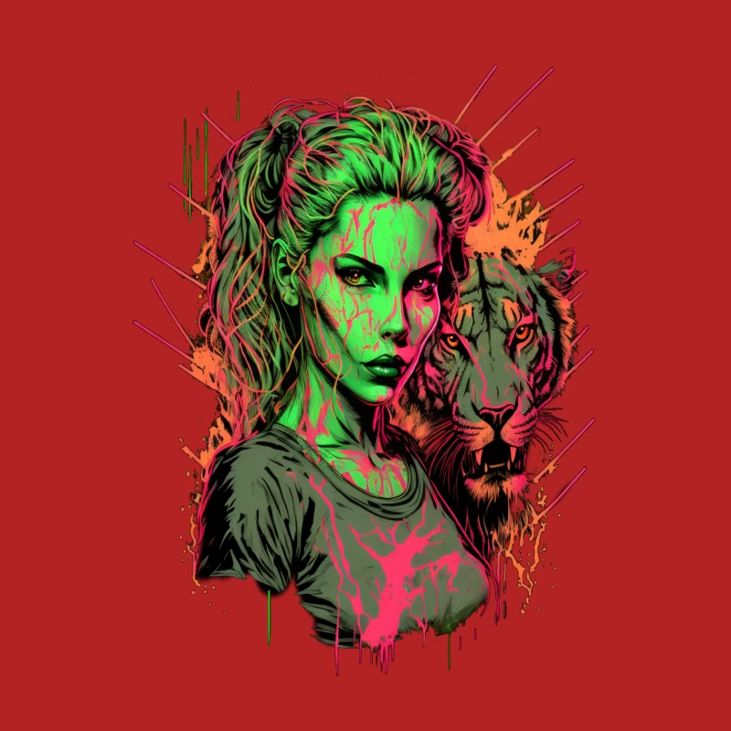 Woman and tiger portrait colorful graffiti style splatter effect Male T-Shirt