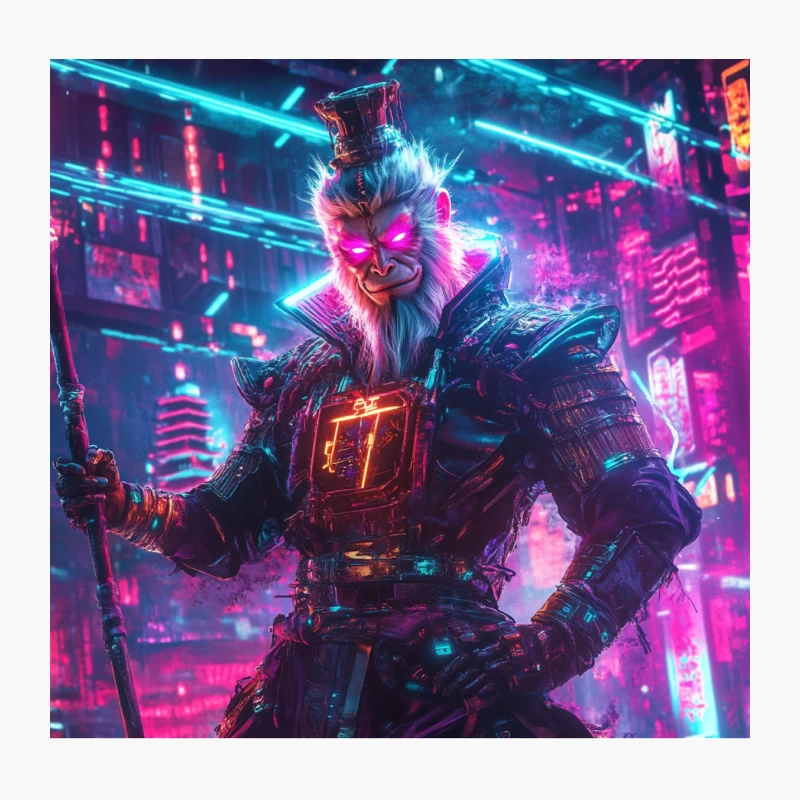 Cyberpunk Samurai Warrior in Neon-Lit Futuristic City Throw Pillow