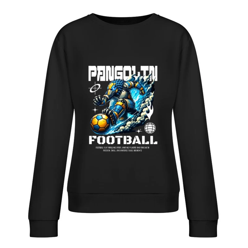 Robotic Soccer Player with Blue Armor in Dynamic Motion Female Pullover Sweatshirt