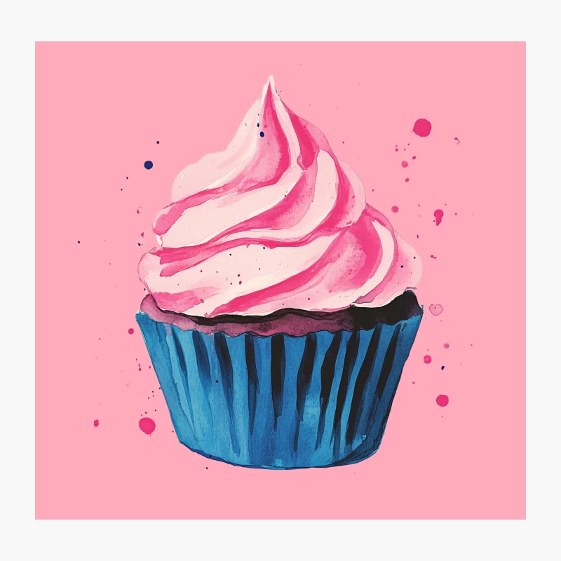 Watercolor Cupcake with Pink Frosting and Blue Wrapper Throw Pillow