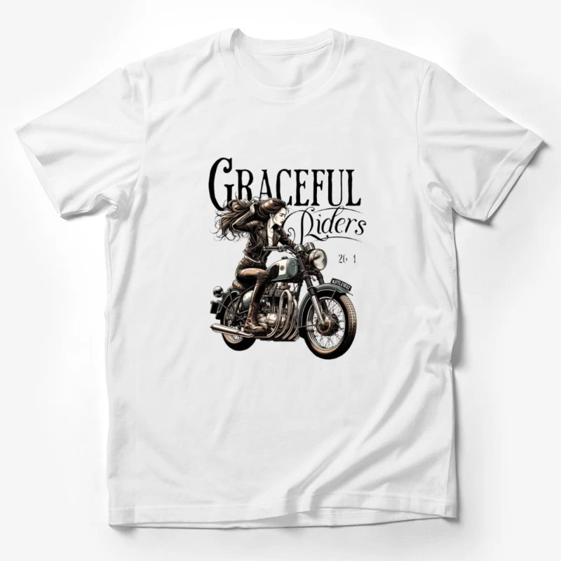 Graceful Riders: Vintage Motorcycle Art with Female Motorcyclist Male T-Shirt