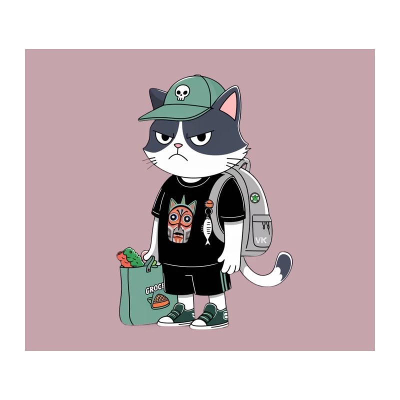 Grumpy Street Style Cat with Skull Cap and Groceries Tapestry