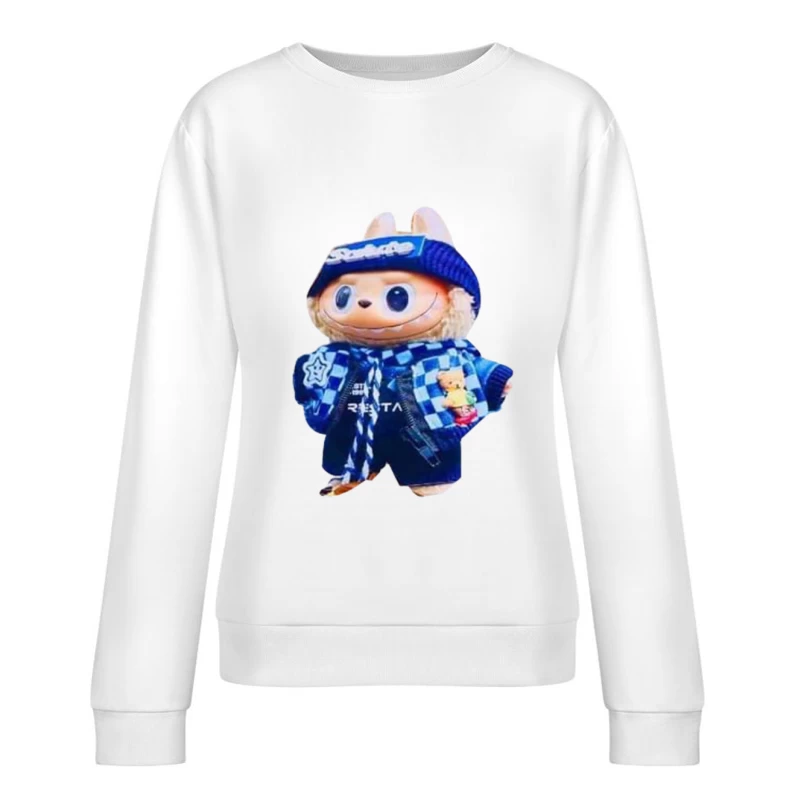 Bunter Stofftier mit blauem Outfit Damen Pullover Sweatshirt