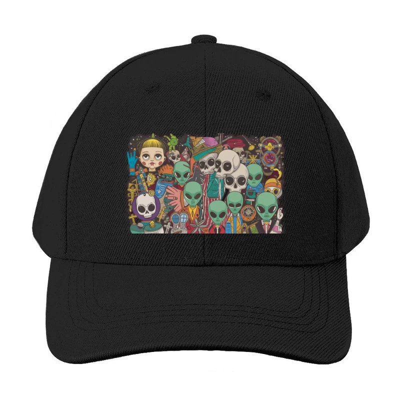 Surreal Alien and Skull Pop Art Doodle Baseball Cap