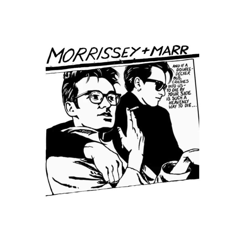 Black and White Comic Style Portrait of Morrissey and Marr with Dark Humor Quote Throw Pillow