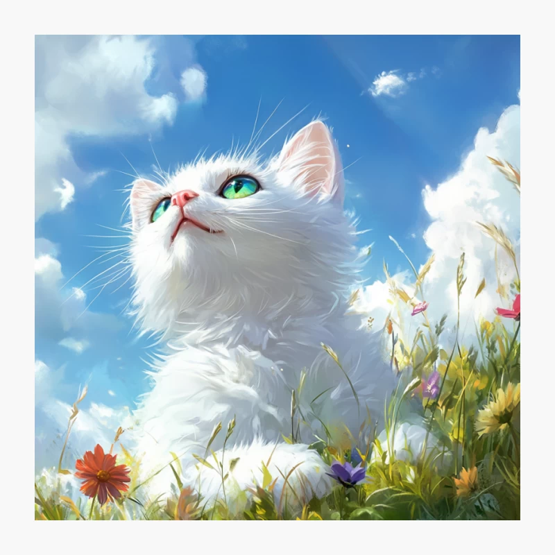 Adorable White Cat in Summer Flower Field Pin