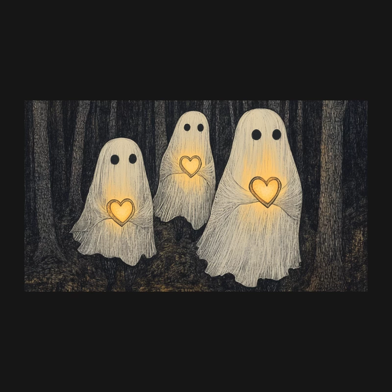 Cute Glowing Heart Ghosts in Dark Spooky Forest Desk Mat