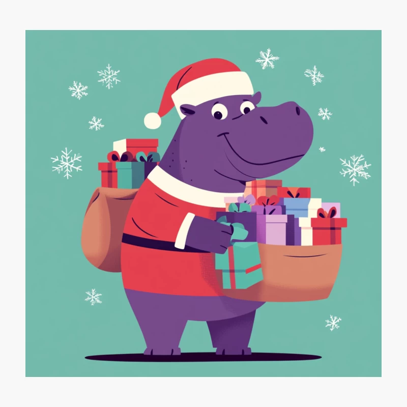 Cartoon Christmas Hippo Delivering Gifts in Santa Outfit Throw Pillow