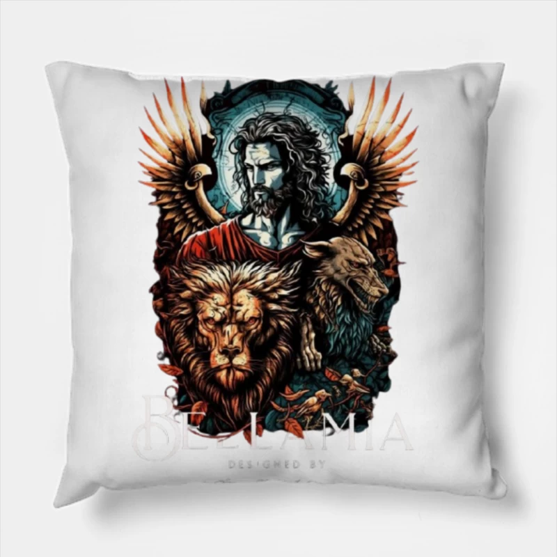 Mystical Religious Gothic Art with Lion and Angel Wings Throw Pillow