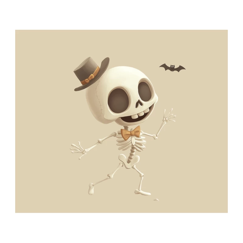 Cute Cartoon Skeleton in Hat and Bow Tie for Halloween Tapestry