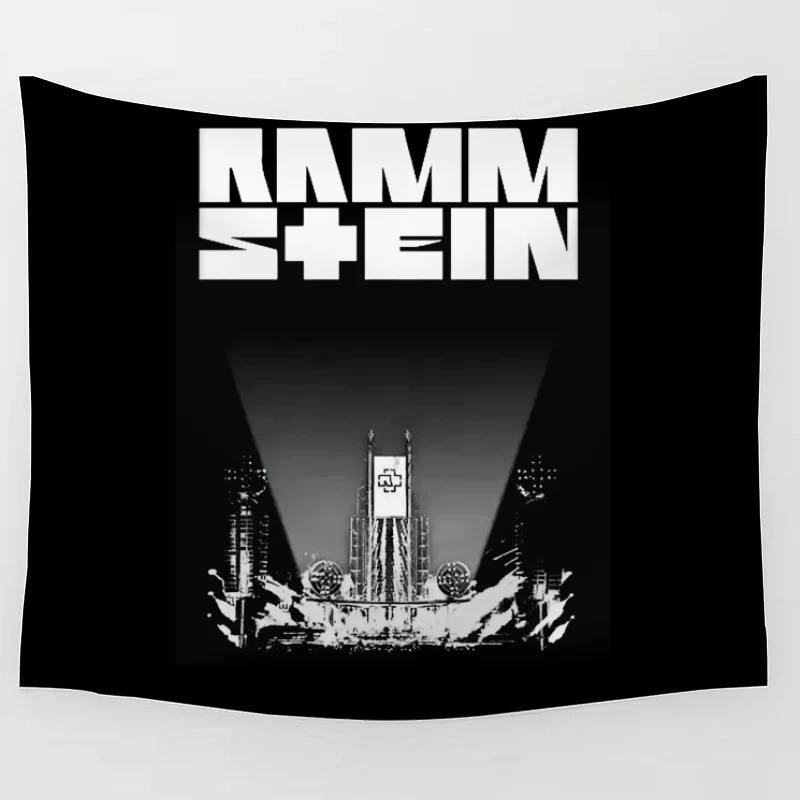 Rammstein Industrial Metal Concert Stage Design in Black and White Tapestry