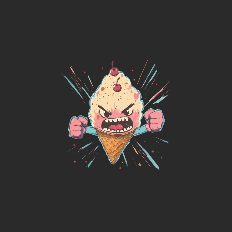 Angry Cartoon Ice Cream Monster with Cherries Baseball Cap