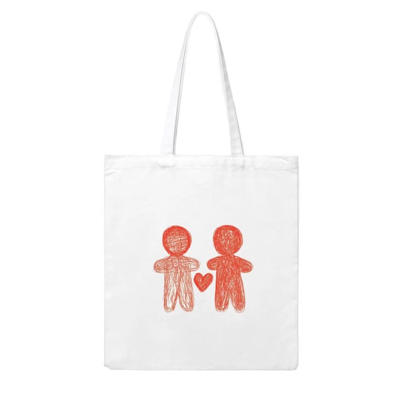 Simple Red Sketched Love Couple with Heart Cotton Tote Bag