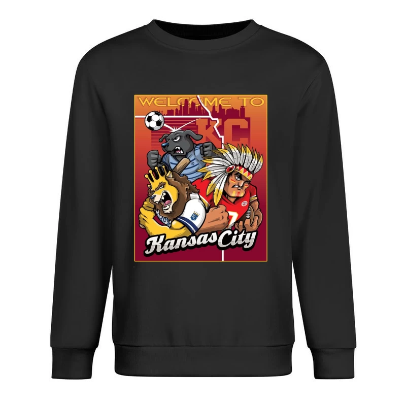 Kansas City Sports Mascots with City Skyline Illustration Male Pullover Sweatshirt