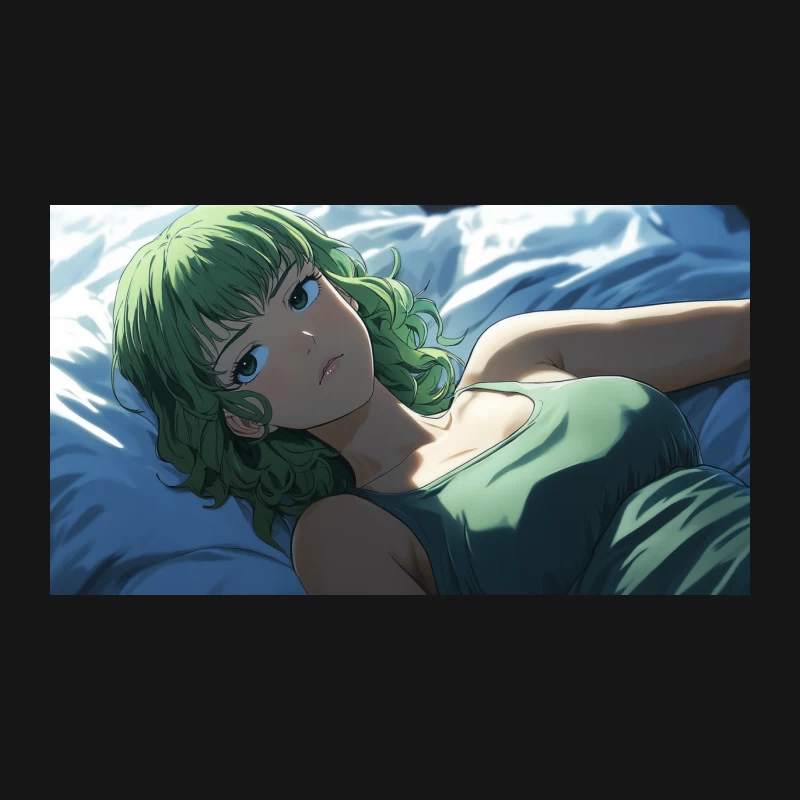 Sleepy Anime Girl with Green Hair Resting in Sunlit Bedroom Desk Mat
