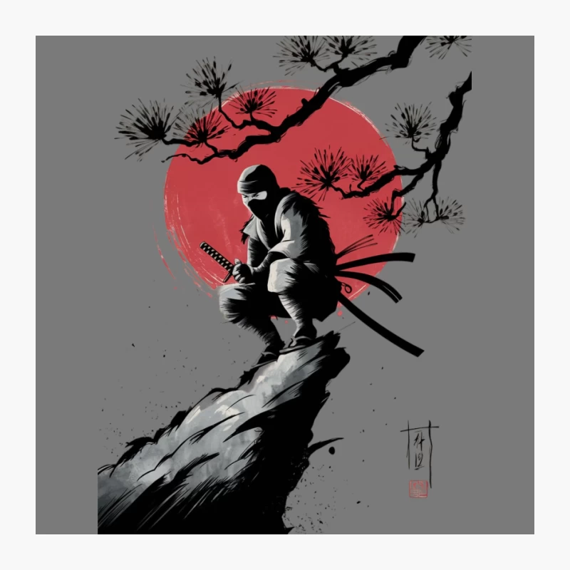 Japanese Ninja at Sunset Under Pine Tree - Traditional Ink Art Pin