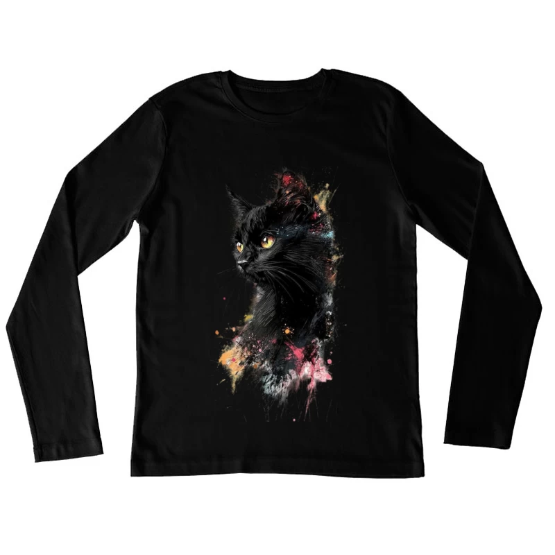 Colorful Watercolor Portrait of a Black Cat Female Long Sleeve T-Shirt