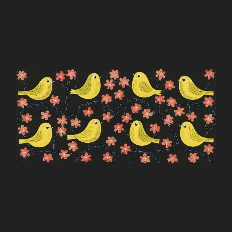 Cheerful Yellow Birds Amidst Pink Blossoms: A Whimsical Nature Illustration Bucket Hat