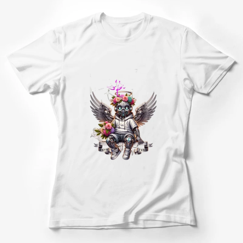 Angelic Steampunk Robot with Floral Crown and Wings Female T-Shirt