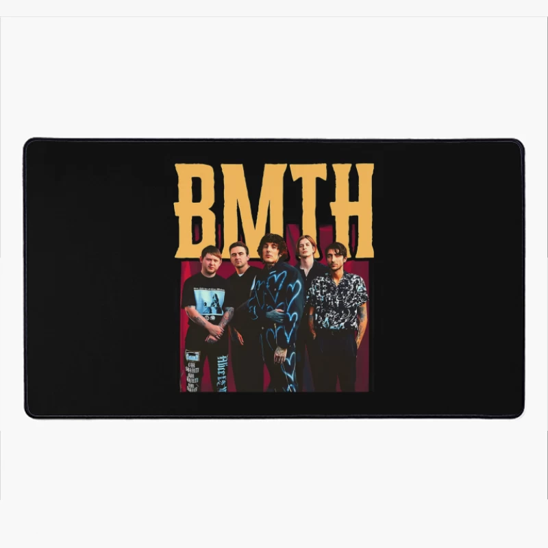 Bring Me The Horizon Band Promotional Photo With Yellow Text Desk Mat