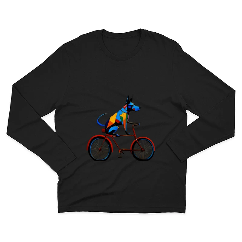 Geometric Colorful Dog Riding Red Bicycle Art Male Long Sleeve T-Shirt