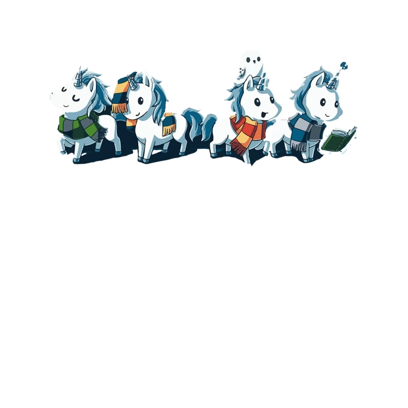 Cute Cartoon Unicorns in Winter Attire with Books and Magic Tapestry