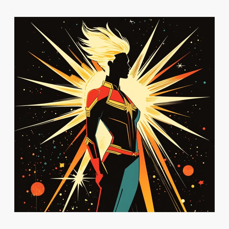 Retro Superhero Silhouette with Cosmic Starburst Throw Pillow