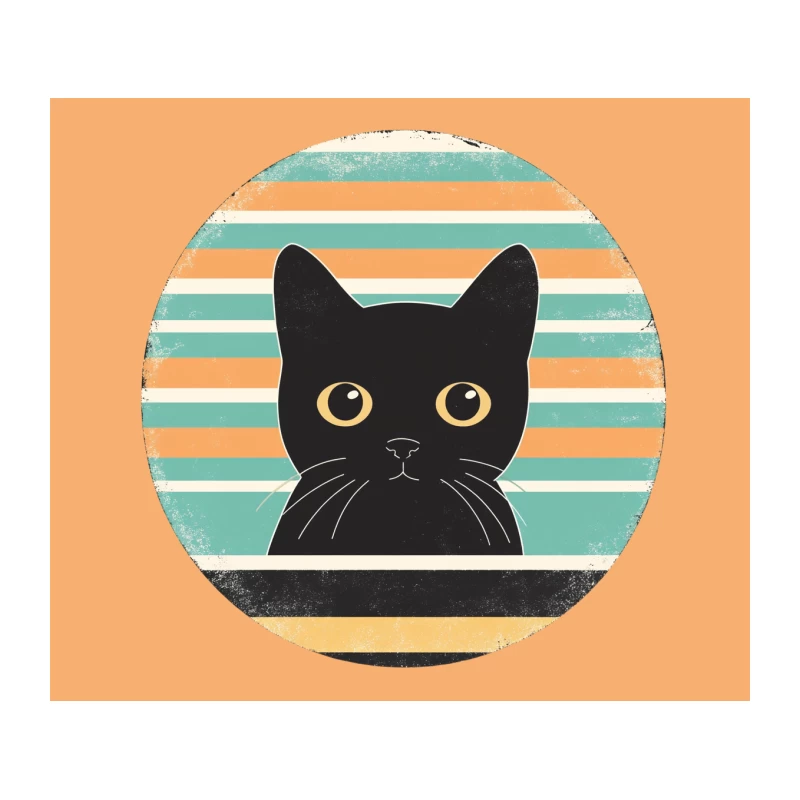 Retro Minimalist Black Cat Illustration with Striped Background Tapestry